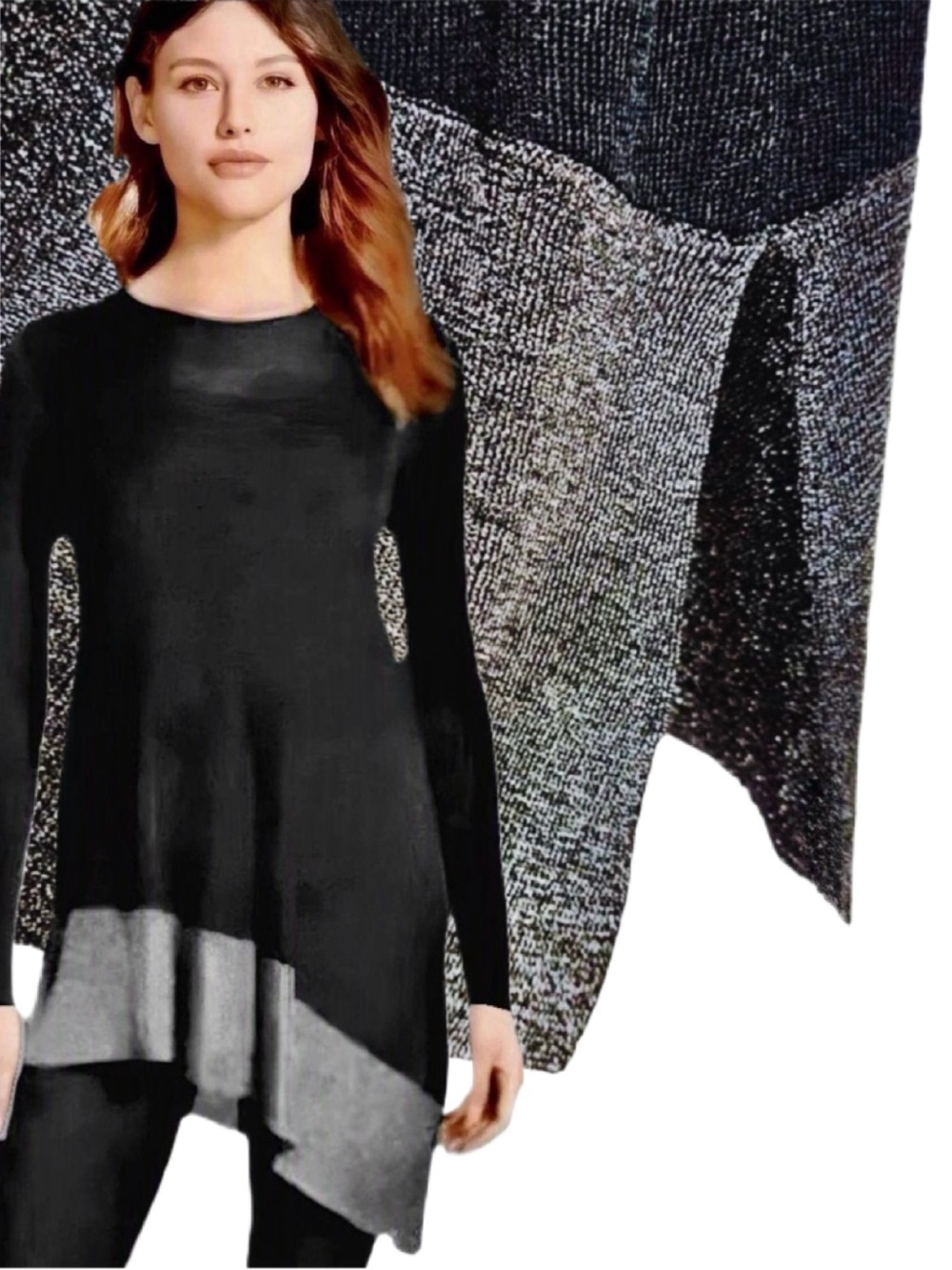 EILEEN FISHER Black Metallic Gray Silver Asymmetrical Knit Tunic Top size S or M